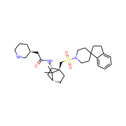 CC1(C)[C@@H]2CC[C@@]1(CS(=O)(=O)N1CCC3(CCc4ccccc43)CC1)[C@@H](NC(=O)C[C@@H]1CCCNC1)C2 ZINC000027319490