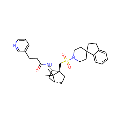 CC1(C)[C@@H]2CC[C@@]1(CS(=O)(=O)N1CCC3(CCc4ccccc43)CC1)[C@@H](NC(=O)CCc1cccnc1)C2 ZINC000027322877