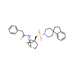 CC1(C)[C@@H]2CC[C@@]1(CS(=O)(=O)N1CCC3(CCc4ccccc43)CC1)[C@@H](NC(=O)Cc1ccccc1)C2 ZINC000027312848