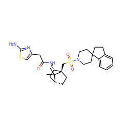 CC1(C)[C@@H]2CC[C@@]1(CS(=O)(=O)N1CCC3(CCc4ccccc43)CC1)[C@@H](NC(=O)Cc1csc(N)n1)C2 ZINC000027322366