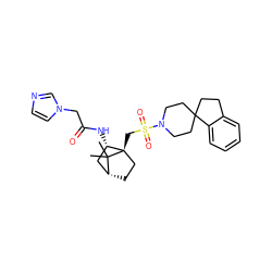 CC1(C)[C@@H]2CC[C@@]1(CS(=O)(=O)N1CCC3(CCc4ccccc43)CC1)[C@@H](NC(=O)Cn1ccnc1)C2 ZINC000027319645