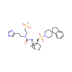 CC1(C)[C@@H]2CC[C@@]1(CS(=O)(=O)N1CCC3(CCc4ccccc43)CC1)[C@@H](NC(=O)N(CCc1c[nH]cn1)CCS(C)(=O)=O)C2 ZINC000003923117