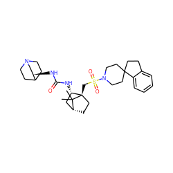 CC1(C)[C@@H]2CC[C@@]1(CS(=O)(=O)N1CCC3(CCc4ccccc43)CC1)[C@@H](NC(=O)N[C@@H]1CN3CCC1CC3)C2 ZINC000027318986