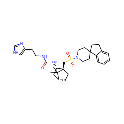 CC1(C)[C@@H]2CC[C@@]1(CS(=O)(=O)N1CCC3(CCc4ccccc43)CC1)[C@@H](NC(=O)NCCc1c[nH]cn1)C2 ZINC000027319357