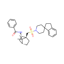 CC1(C)[C@@H]2CC[C@@]1(CS(=O)(=O)N1CCC3(CCc4ccccc43)CC1)[C@@H](NC(=O)c1ccccc1)C2 ZINC000027317979