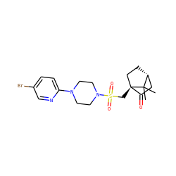 CC1(C)[C@@H]2CC[C@@]1(CS(=O)(=O)N1CCN(c3ccc(Br)cn3)CC1)C(=O)C2 ZINC000040395026