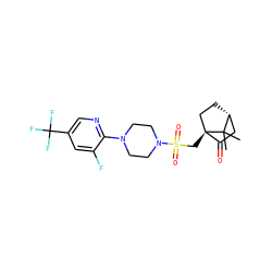 CC1(C)[C@@H]2CC[C@@]1(CS(=O)(=O)N1CCN(c3ncc(C(F)(F)F)cc3F)CC1)C(=O)C2 ZINC000040919167