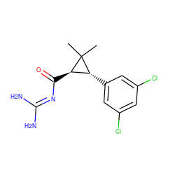 CC1(C)[C@H](C(=O)N=C(N)N)[C@H]1c1cc(Cl)cc(Cl)c1 ZINC000013588448