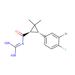 CC1(C)[C@H](C(=O)N=C(N)N)[C@H]1c1ccc(F)c(Br)c1 ZINC000013864221