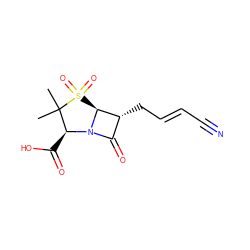 CC1(C)[C@H](C(=O)O)N2C(=O)[C@@H](C/C=C/C#N)[C@@H]2S1(=O)=O ZINC000036079874