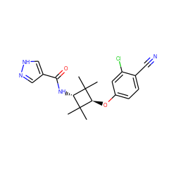 CC1(C)[C@H](NC(=O)c2cn[nH]c2)C(C)(C)[C@H]1Oc1ccc(C#N)c(Cl)c1 ZINC000254129395