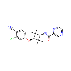 CC1(C)[C@H](NC(=O)c2cnccn2)C(C)(C)[C@H]1Oc1ccc(C#N)c(Cl)c1 ZINC000254103571