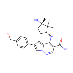 CC1(C)[C@H](Nc2c(C(N)=O)cnn3cc(-c4ccc(CO)cc4)cc23)CC[C@]1(C)N ZINC000169710833