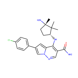 CC1(C)[C@H](Nc2c(C(N)=O)cnn3cc(-c4ccc(Cl)cc4)cc23)CC[C@]1(C)N ZINC001772592591