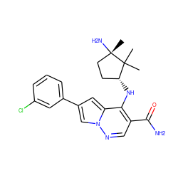 CC1(C)[C@H](Nc2c(C(N)=O)cnn3cc(-c4cccc(Cl)c4)cc23)CC[C@]1(C)N ZINC001772610101