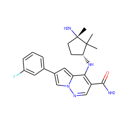 CC1(C)[C@H](Nc2c(C(N)=O)cnn3cc(-c4cccc(F)c4)cc23)CC[C@]1(C)N ZINC001772596632