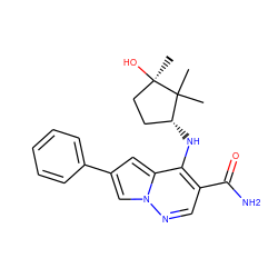 CC1(C)[C@H](Nc2c(C(N)=O)cnn3cc(-c4ccccc4)cc23)CC[C@@]1(C)O ZINC000146132839