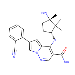 CC1(C)[C@H](Nc2c(C(N)=O)cnn3cc(-c4ccccc4C#N)cc23)CC[C@]1(C)N ZINC001772654151