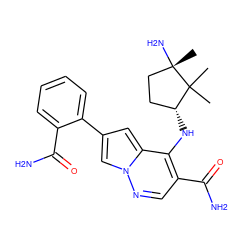 CC1(C)[C@H](Nc2c(C(N)=O)cnn3cc(-c4ccccc4C(N)=O)cc23)CC[C@]1(C)N ZINC000169710830