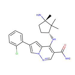 CC1(C)[C@H](Nc2c(C(N)=O)cnn3cc(-c4ccccc4Cl)cc23)CC[C@]1(C)N ZINC001772630053