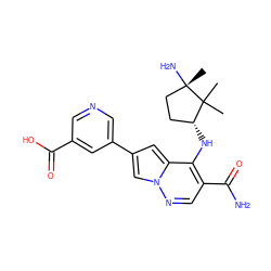 CC1(C)[C@H](Nc2c(C(N)=O)cnn3cc(-c4cncc(C(=O)O)c4)cc23)CC[C@]1(C)N ZINC000169710835