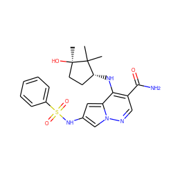 CC1(C)[C@H](Nc2c(C(N)=O)cnn3cc(NS(=O)(=O)c4ccccc4)cc23)CC[C@@]1(C)O ZINC000146059561