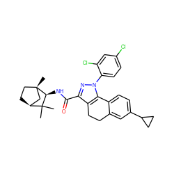 CC1(C)[C@H]2CC[C@@](C)(C2)[C@H]1NC(=O)c1nn(-c2ccc(Cl)cc2Cl)c2c1CCc1cc(C3CC3)ccc1-2 ZINC000653719480