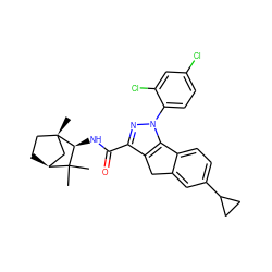 CC1(C)[C@H]2CC[C@@](C)(C2)[C@H]1NC(=O)c1nn(-c2ccc(Cl)cc2Cl)c2c1Cc1cc(C3CC3)ccc1-2 ZINC000653717822