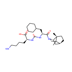 CC1(C)[C@H]2CC[C@@]1(C)[C@@H](NC(=O)[C@H](CC1CCCCC1)NC(=O)N[C@@H](CCCCN)C(=O)O)C2 ZINC000167751925