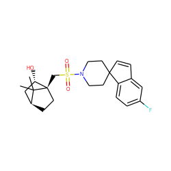 CC1(C)[C@H]2CC[C@@]1(CS(=O)(=O)N1CCC3(C=Cc4cc(F)ccc43)CC1)[C@@H](O)C2 ZINC000100640443