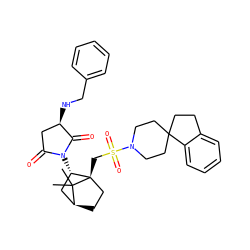 CC1(C)[C@H]2CC[C@@]1(CS(=O)(=O)N1CCC3(CCc4ccccc43)CC1)[C@@H](N1C(=O)C[C@@H](NCc3ccccc3)C1=O)C2 ZINC000100014324