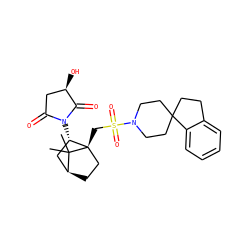 CC1(C)[C@H]2CC[C@@]1(CS(=O)(=O)N1CCC3(CCc4ccccc43)CC1)[C@@H](N1C(=O)C[C@@H](O)C1=O)C2 ZINC000100014365