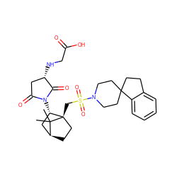 CC1(C)[C@H]2CC[C@@]1(CS(=O)(=O)N1CCC3(CCc4ccccc43)CC1)[C@@H](N1C(=O)C[C@H](NCC(=O)O)C1=O)C2 ZINC000100014276