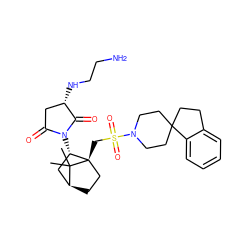 CC1(C)[C@H]2CC[C@@]1(CS(=O)(=O)N1CCC3(CCc4ccccc43)CC1)[C@@H](N1C(=O)C[C@H](NCCN)C1=O)C2 ZINC000100014330