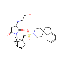 CC1(C)[C@H]2CC[C@@]1(CS(=O)(=O)N1CCC3(CCc4ccccc43)CC1)[C@@H](N1C(=O)C[C@H](NCCO)C1=O)C2 ZINC000100014267