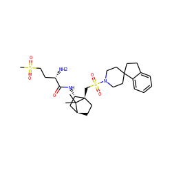 CC1(C)[C@H]2CC[C@@]1(CS(=O)(=O)N1CCC3(CCc4ccccc43)CC1)[C@@H](NC(=O)[C@@H](N)CCS(C)(=O)=O)C2 ZINC000100740473