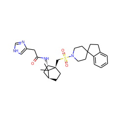 CC1(C)[C@H]2CC[C@@]1(CS(=O)(=O)N1CCC3(CCc4ccccc43)CC1)[C@@H](NC(=O)Cc1c[nH]cn1)C2 ZINC000100768927