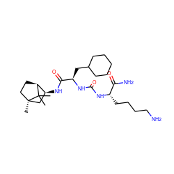 CC1(C)[C@H]2CC[C@]1(C)C[C@@H]2NC(=O)[C@@H](CC1CCCCC1)NC(=O)N[C@@H](CCCCN)C(N)=O ZINC000473111382