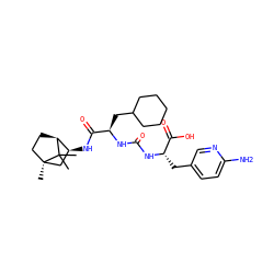 CC1(C)[C@H]2CC[C@]1(C)C[C@@H]2NC(=O)[C@@H](CC1CCCCC1)NC(=O)N[C@@H](Cc1ccc(N)nc1)C(=O)O ZINC000473113279