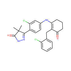 CC1(C)C(=O)NN=C1c1ccc(NC2=C(Cc3ccccc3Cl)C(=O)CCC2)cc1Cl ZINC000013587326