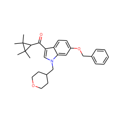 CC1(C)C(C(=O)c2cn(CC3CCOCC3)c3cc(OCc4ccccc4)ccc23)C1(C)C ZINC000014975797