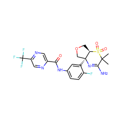 CC1(C)C(N)=N[C@@]2(c3cc(NC(=O)c4cnc(C(F)(F)F)cn4)ccc3F)COC[C@H]2S1(=O)=O ZINC000217089437