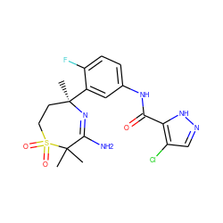 CC1(C)C(N)=N[C@](C)(c2cc(NC(=O)c3[nH]ncc3Cl)ccc2F)CCS1(=O)=O ZINC000201832221