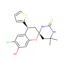 CC1(C)C[C@@]2(C[C@H](c3cccs3)c3cc(Cl)c(O)cc3O2)NC(=S)N1 ZINC000008665949