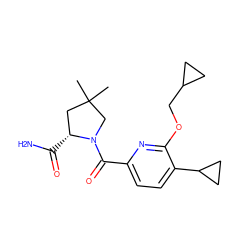 CC1(C)C[C@@H](C(N)=O)N(C(=O)c2ccc(C3CC3)c(OCC3CC3)n2)C1 ZINC000146287162