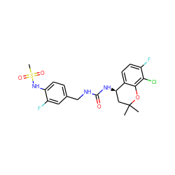 CC1(C)C[C@@H](NC(=O)NCc2ccc(NS(C)(=O)=O)c(F)c2)c2ccc(F)c(Cl)c2O1 ZINC000169704439