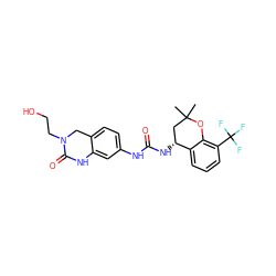 CC1(C)C[C@@H](NC(=O)Nc2ccc3c(c2)NC(=O)N(CCO)C3)c2cccc(C(F)(F)F)c2O1 ZINC000143469922