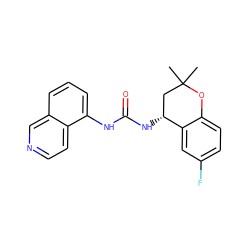 CC1(C)C[C@@H](NC(=O)Nc2cccc3cnccc23)c2cc(F)ccc2O1 ZINC000118638335