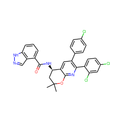 CC1(C)C[C@@H](NC(=O)c2cccc3[nH]ncc23)c2cc(-c3ccc(Cl)cc3)c(-c3ccc(Cl)cc3Cl)nc2O1 ZINC000049793826