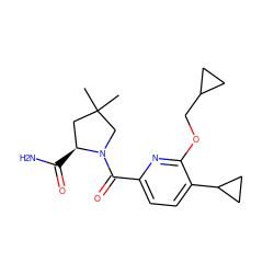 CC1(C)C[C@H](C(N)=O)N(C(=O)c2ccc(C3CC3)c(OCC3CC3)n2)C1 ZINC000146286966